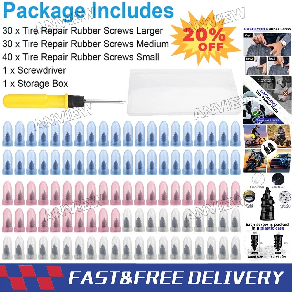 100PCS Tire Repair Screws Kit With Screwdriver 3 Sizes Rubber Plugs Flat Tires