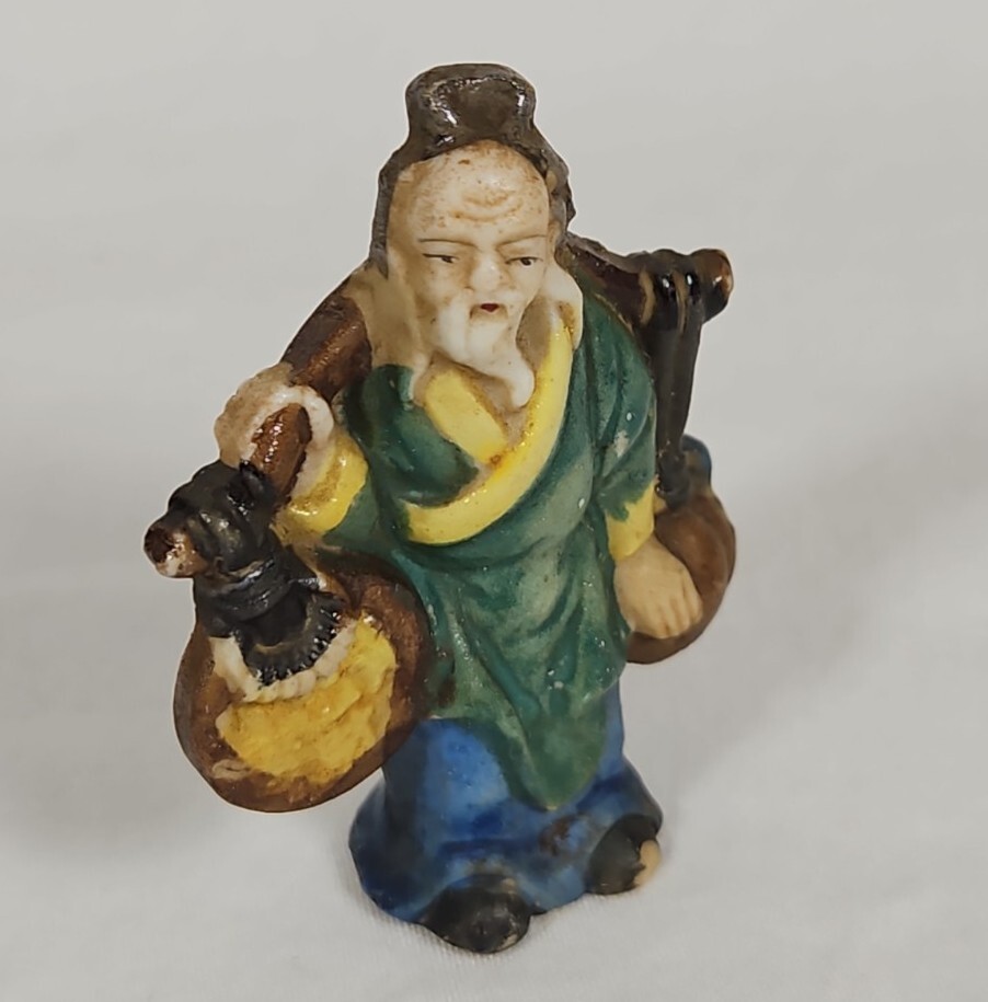 Vintage Japanese Miniature Figurine Yoke Bearing Man Coin Peach Peasant