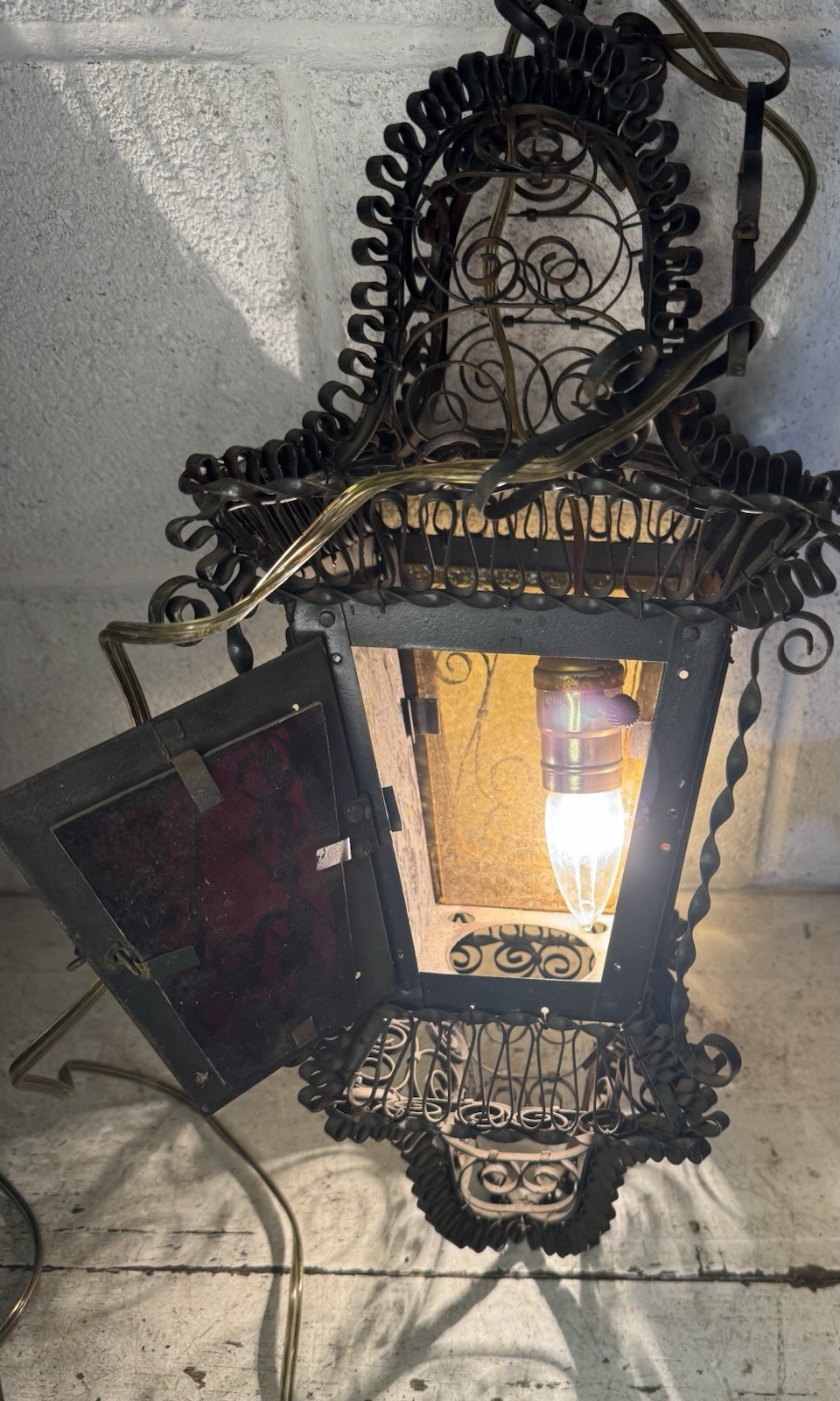 Antique Venetian Wrought Iron Lantern Hanging Electrified Light Gothic Italian