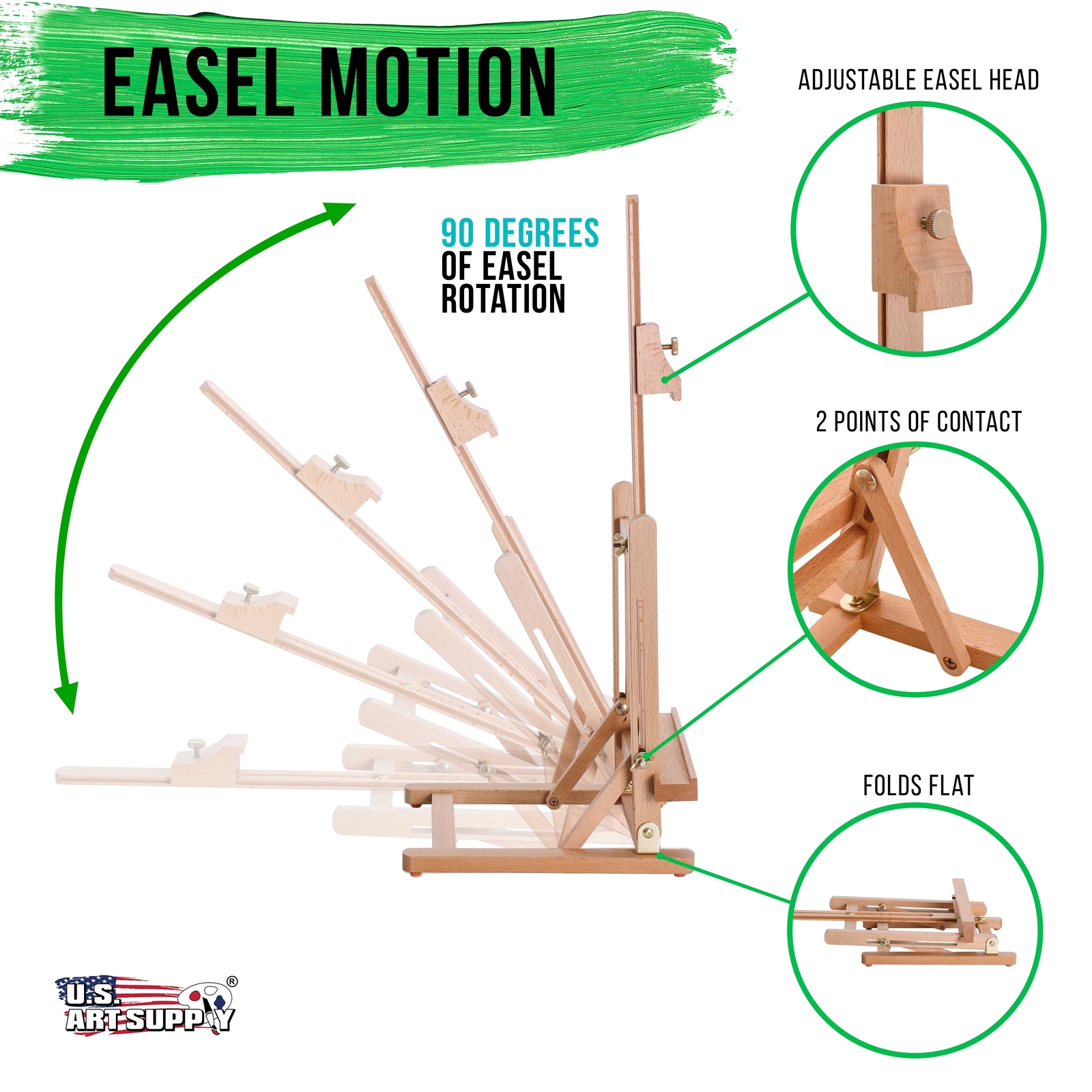 U.S. Art Supply Small Tabletop Wooden H-Frame Studio Easel, Adjustable Beechwood