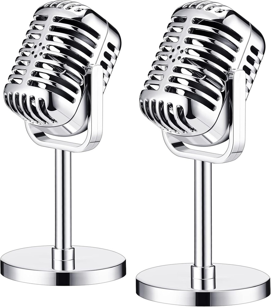 Chivao 2 Pack Retro Microphone Props Model Vintage Stage Table Bright Silver