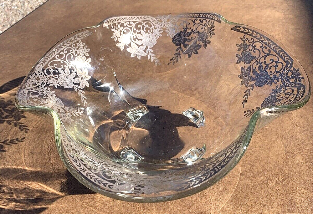 VINTAGE SILVER OVERLAY ROSE PATTERN LARGE FLUTED FOOTED CRYSTAL? FRUIT BOWL
