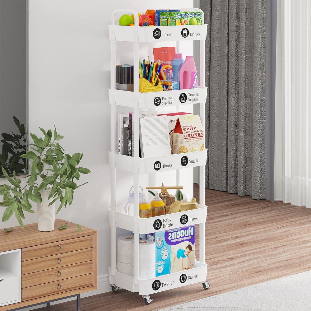 5-Tier Rolling Cart with Wheels,Multifunction Utility Storage Carts, Kitchen ...