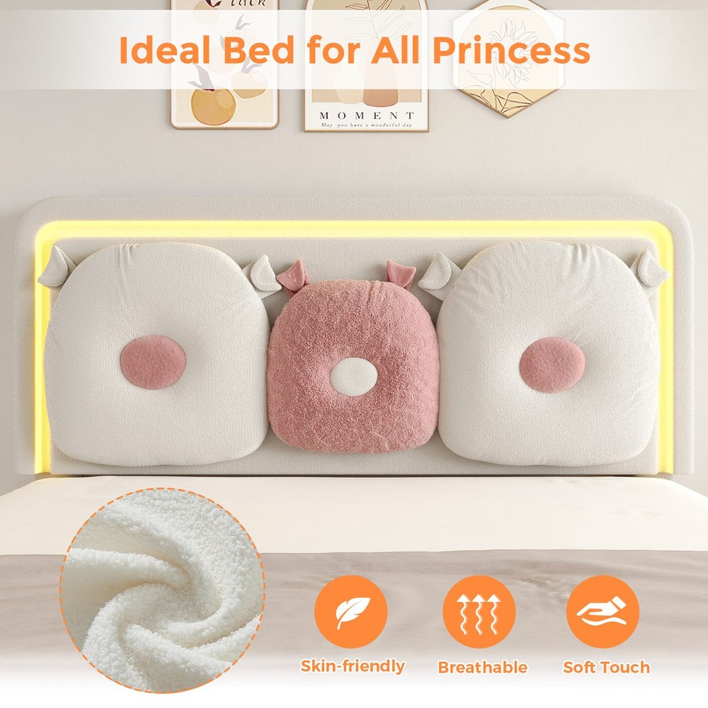 Easy Assembly Upholstered Beige Bed Adjustable Headboad With LED Light