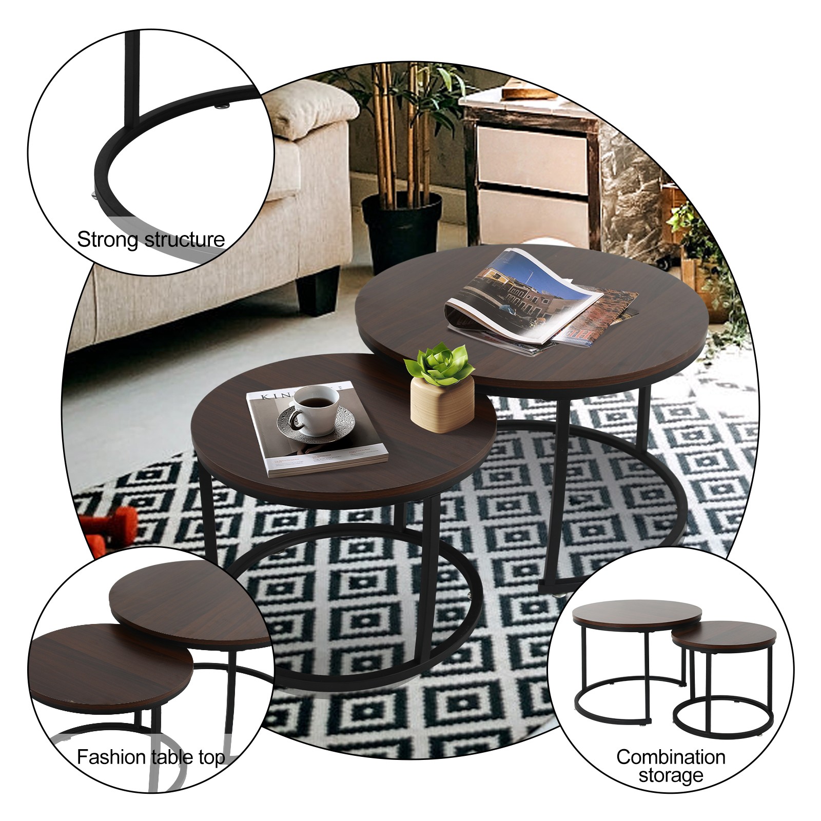 Nesting Coffee Table Set Round Side End Tables w/ Metal Legs Living Room Modern