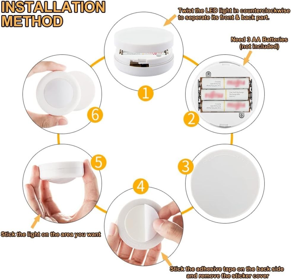 Multicolor LED Puck Lights - 6 Pack with Dimmable Functions & Adhesive Mounting