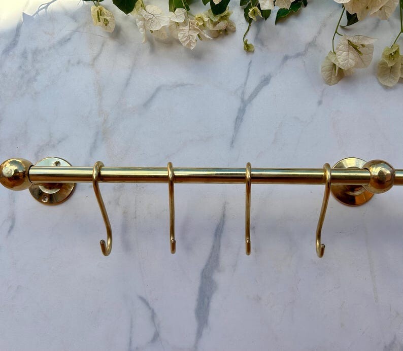 Solid Brass Hanging Pot Rack – Antique Brass Kitchen Rail with Hooks, Wall-Mount