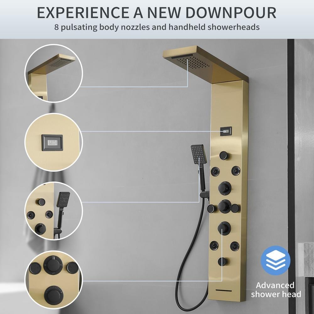 BWE 8-Jet Rainfall Shower Panel System Black Gold