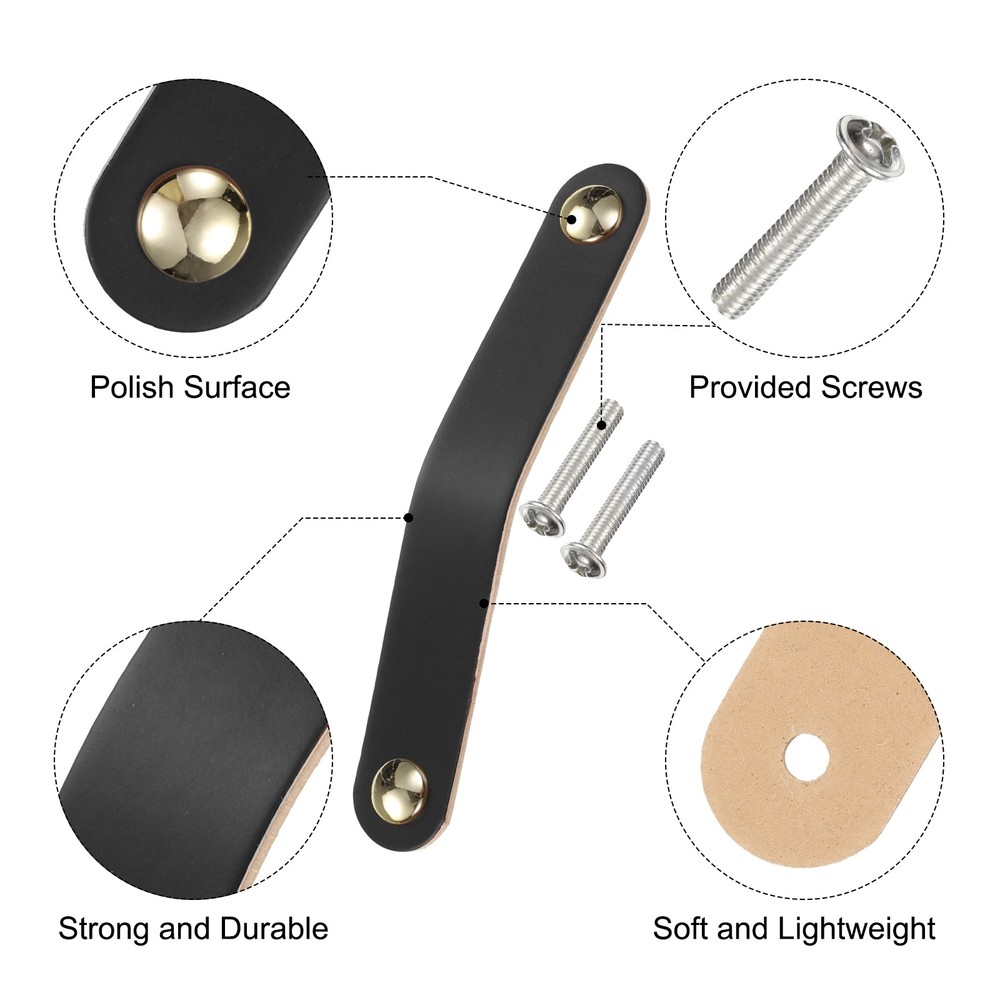 4 Packs Leather Drawer Pulls Double Hole Knobs, Black/Gold(Hole Spacing:128mm)