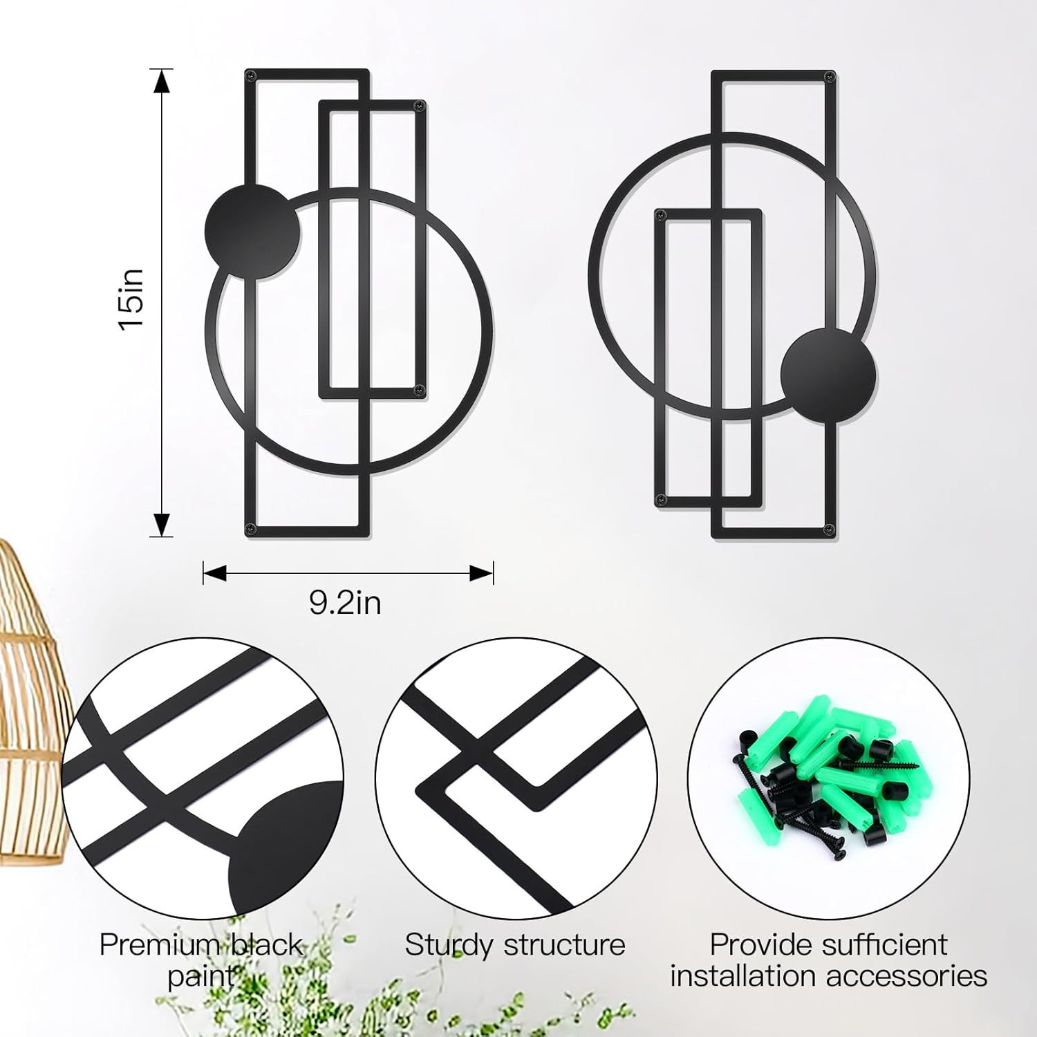 2 Pcs Metal Abstract Wall Art,Modern Geometric Decor (Black, Style 1)