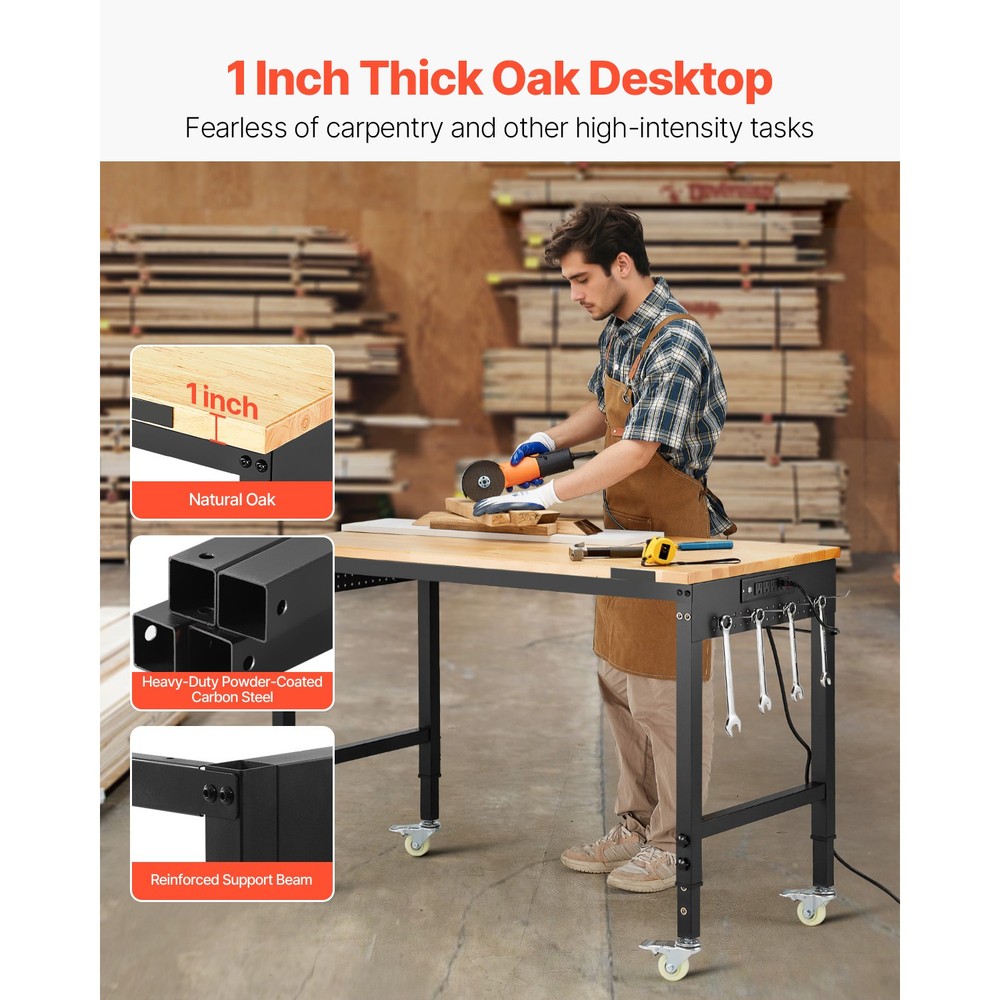 48" Workbench on Wheels Adjustable Height Table with Power Outlet & Pegboard