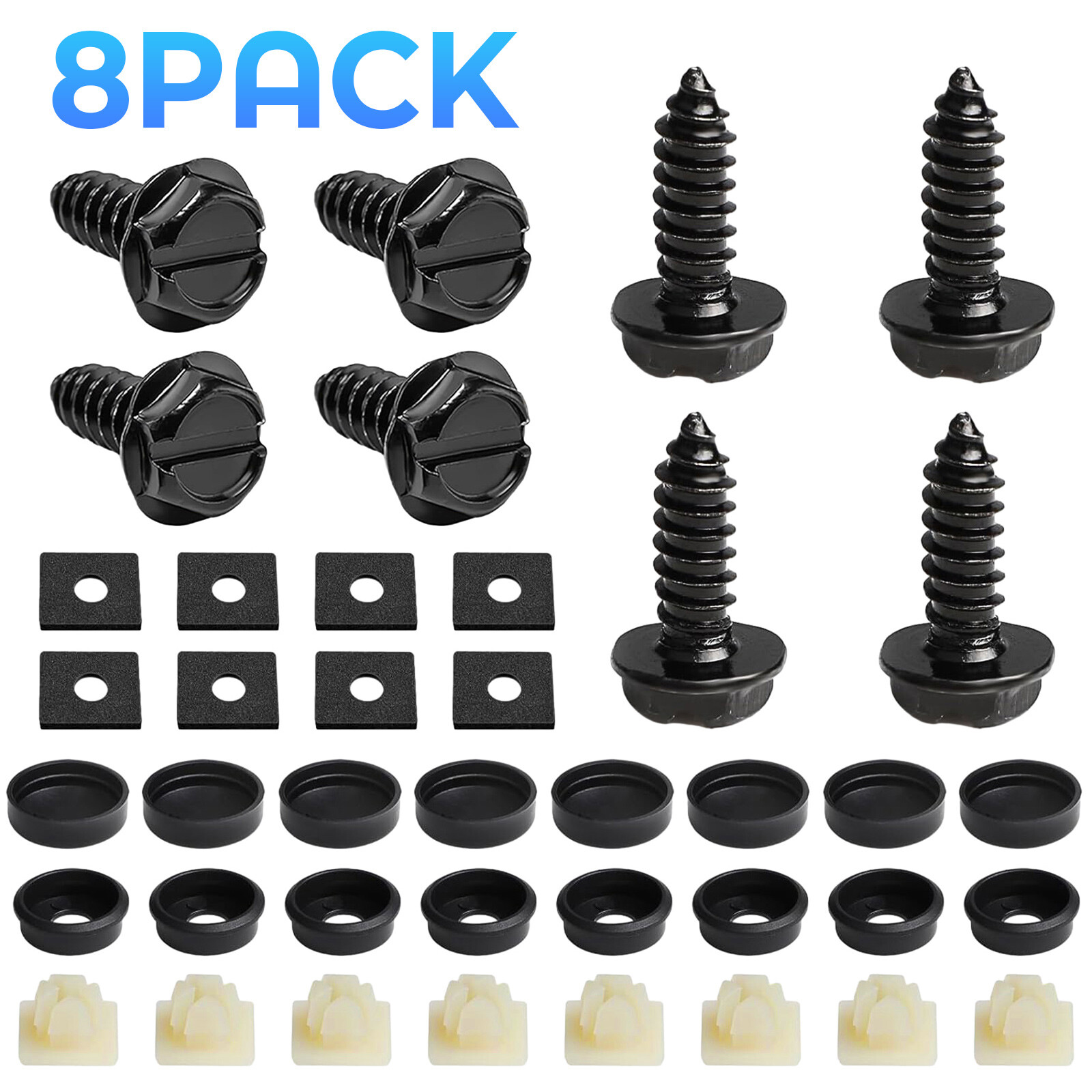8 Black License Plate Screws Stainless Steel Bolts Caps Car Dealer Fasteners Kit