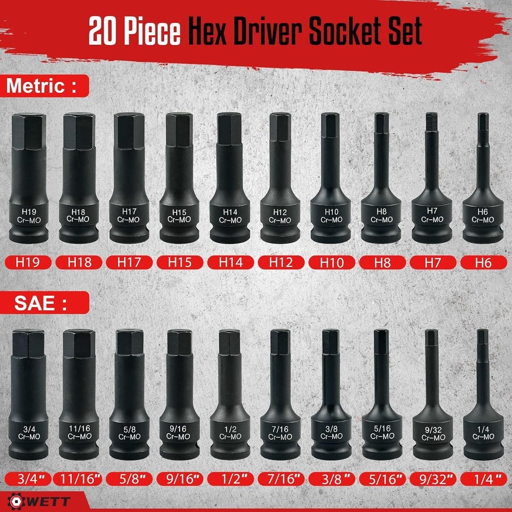 1/2" Drive Master Impact Hex Bit Set, 20 Piece Hex Driver Socket Set, Allen Bit