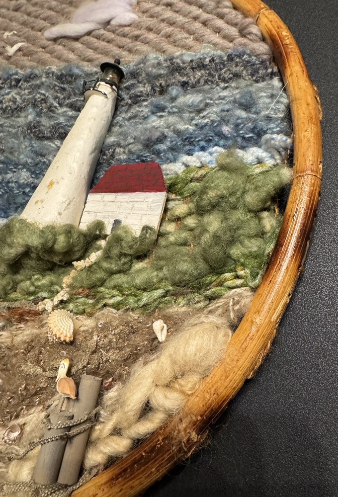 Vtg 80s Lighthouse Shell Mixed Media Artwork Nautical Beach Wool Yarn Shell