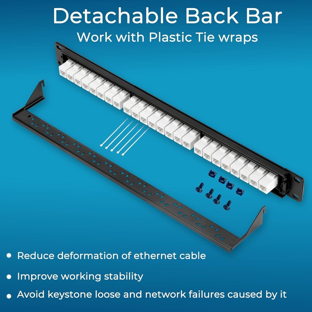 Removable Back Bar 24 Port Cat6 Patch Panel - Fast, Reliable 10G Connection