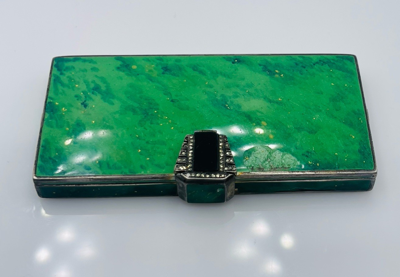 Antique Sterling Silver Green Enamel Rectangular Double Compartment Compact