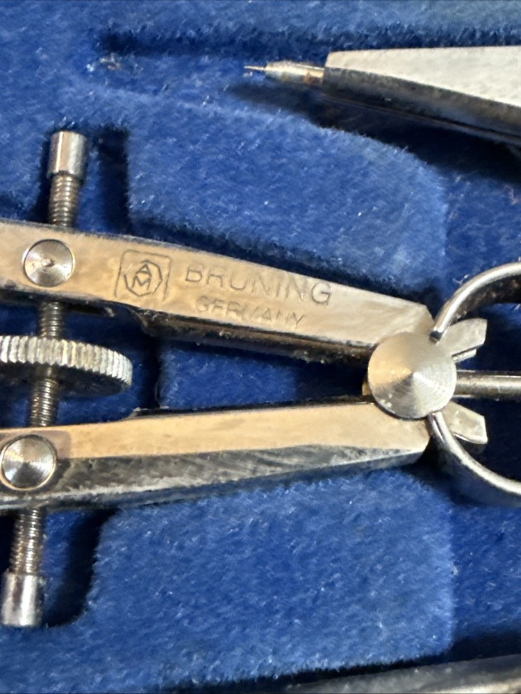 Vtg BRUNING Drafting Compass & Tools Vintage Engineering in Case Germany