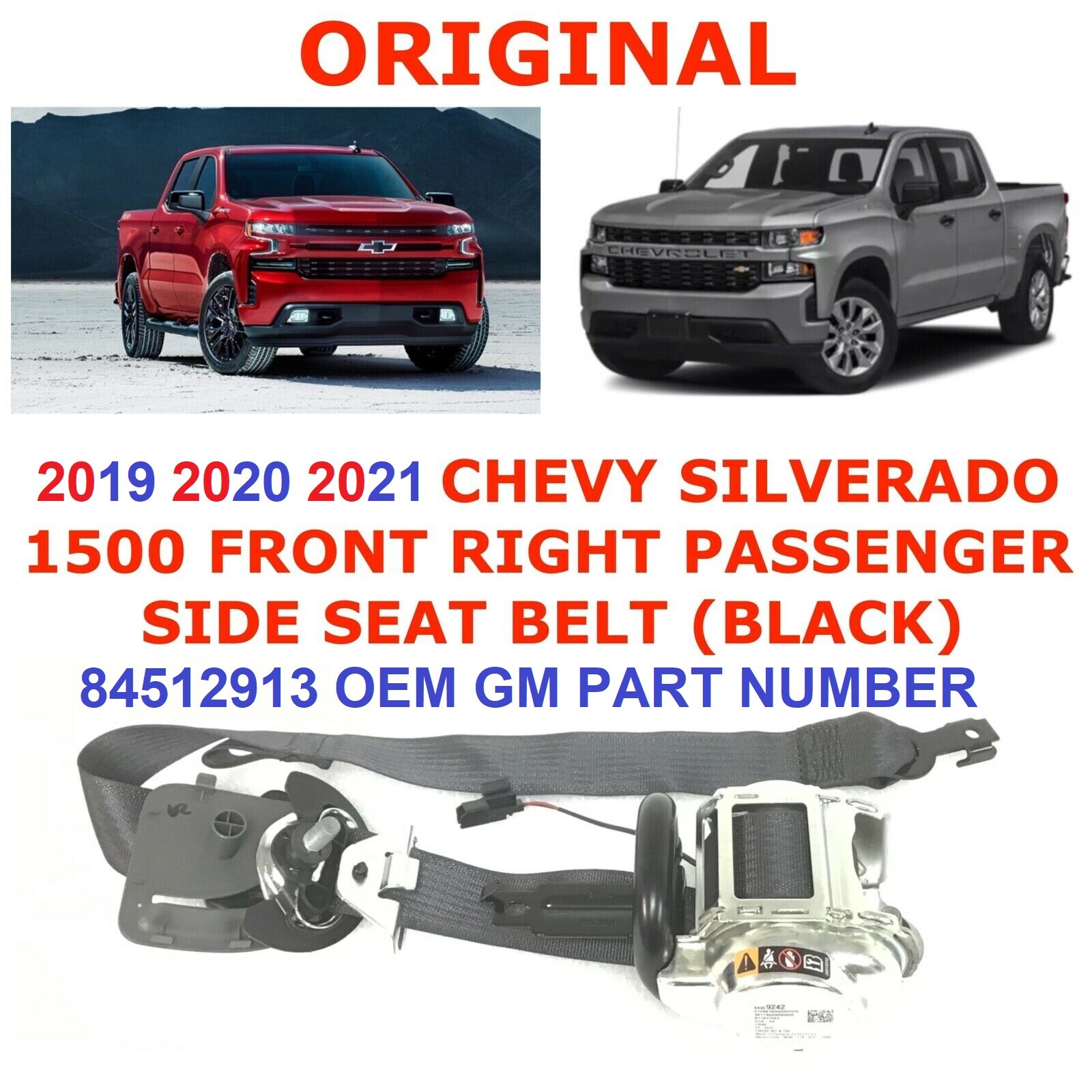 2019 2020 2021 2022 Chevy Silverado 1500 front right seat belt BLACK 84512913