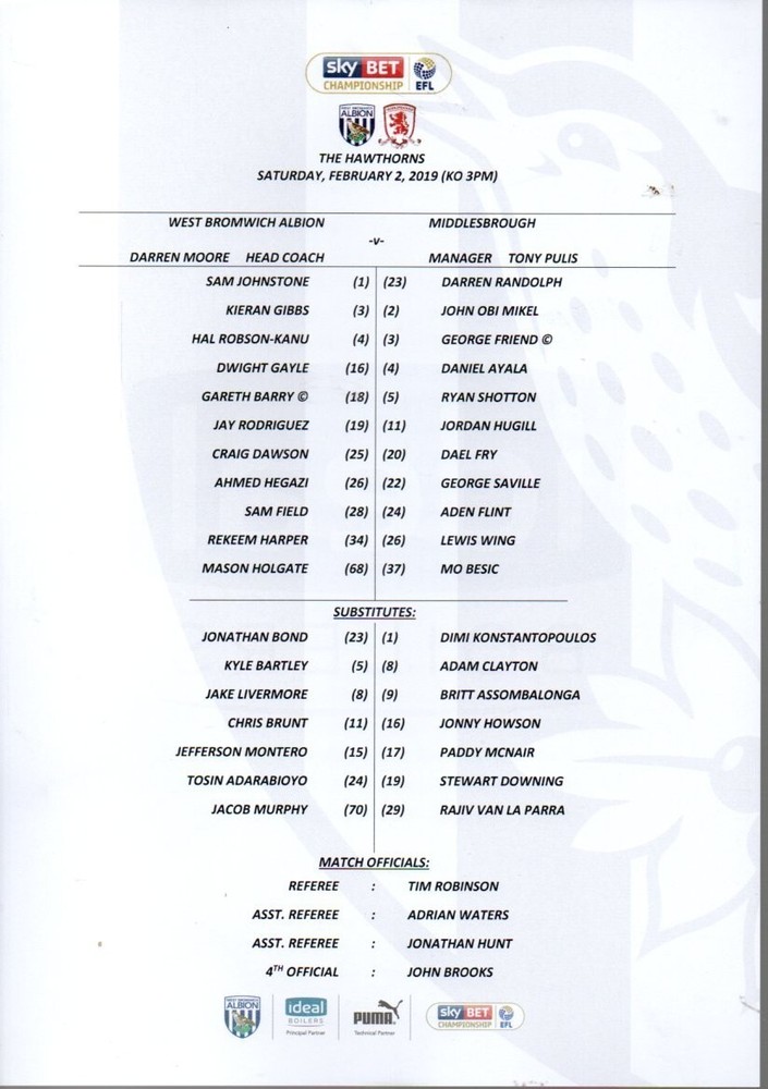 Team Sheet - West Brom v Middlesbrough 2.2.2019