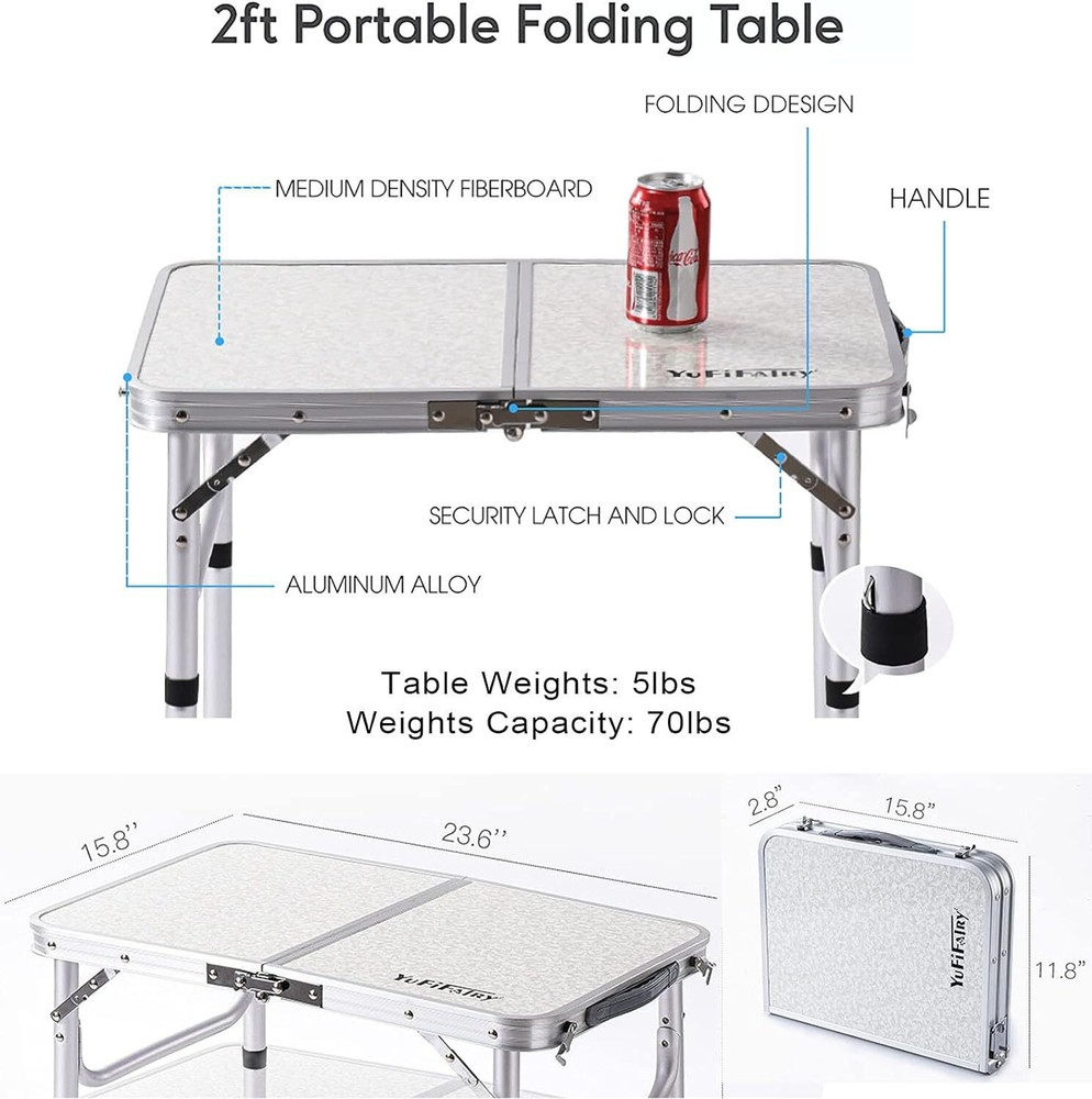 Small Folding Camping Table with Mesh Layer 3 3 heights 10"/19"/24", White