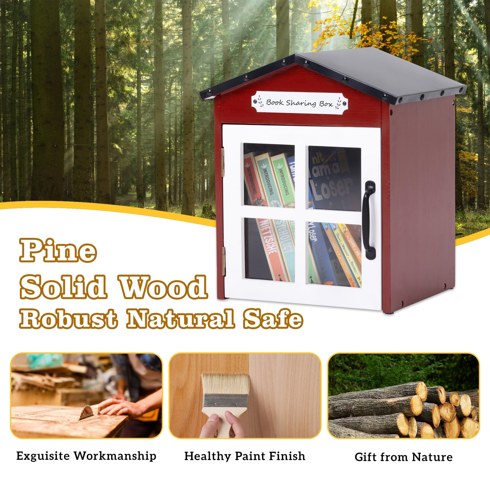 Little Library Box Outdoor: Natural Wood Free Library with Reinforced Waterpr...