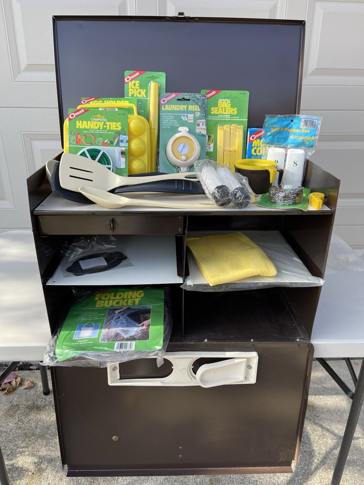VTG Metal Chuck Box Camping Kitchen Storage Trunk w/ Contents Brown