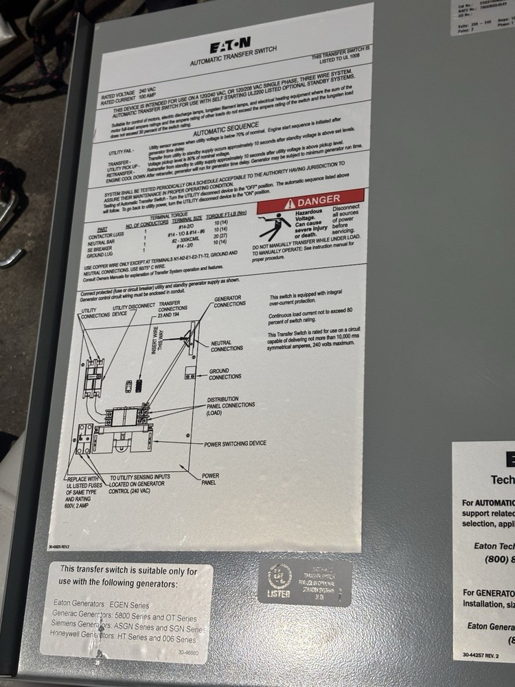 Eaton Automatic Transfer Switch 100 Amp 2 Pole Type N3R