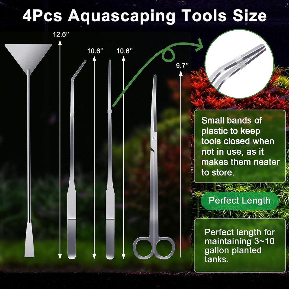 4Pcs Aquascaping Tool Kit Aquarium Tweezers Scissors Algae Scraper