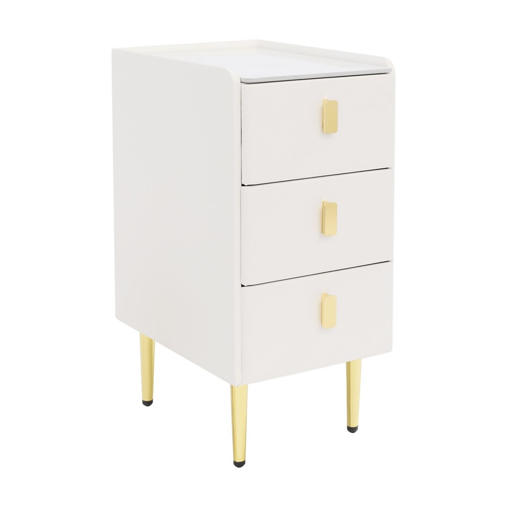 3 Drawer Narrow Side Table - Leather & Wood, Titanium-plated, Rectangular Modern