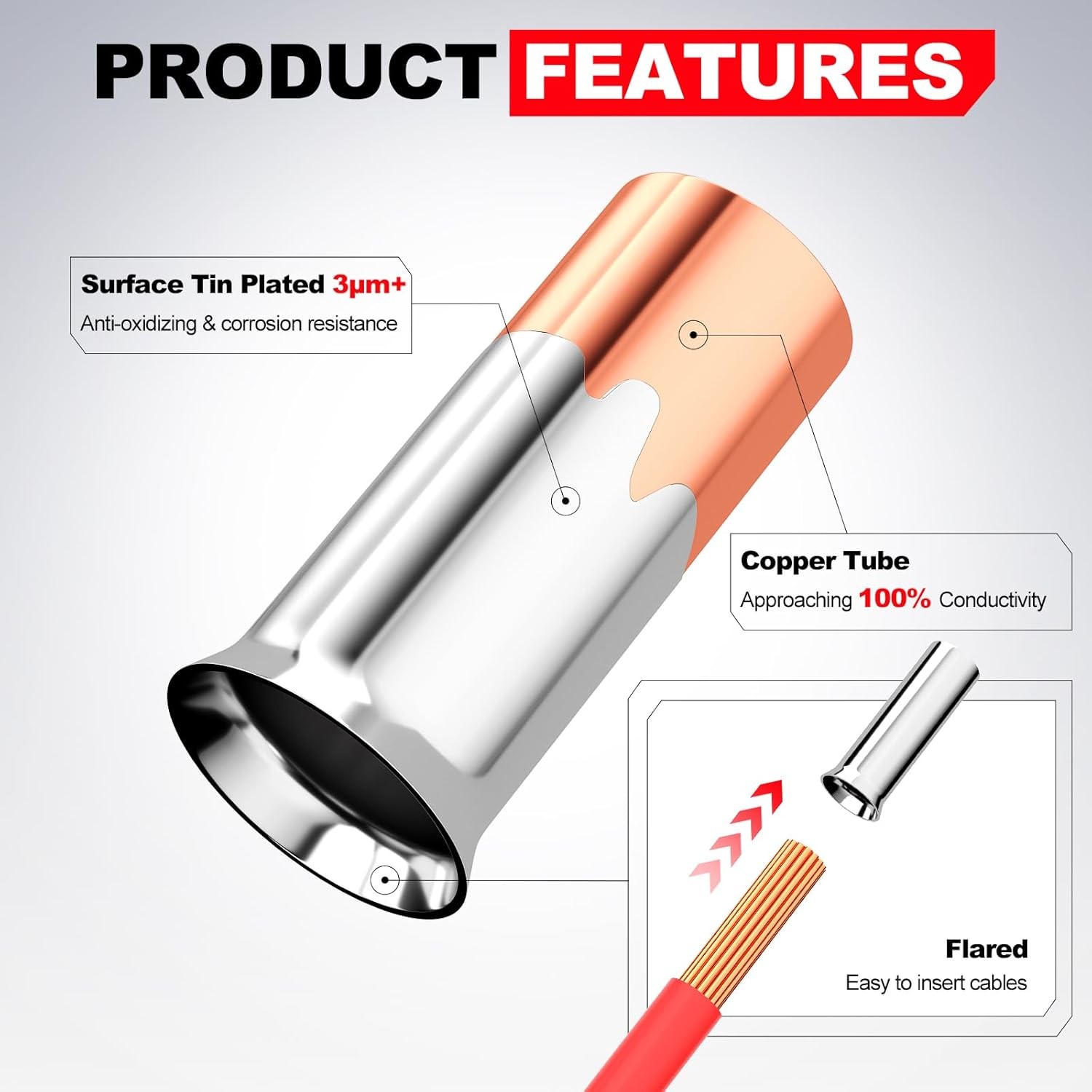 168 Pcs Wire Ferrules Kit 12-1/0 Gauge Tinned Crimp Copper Ferrule Connectors