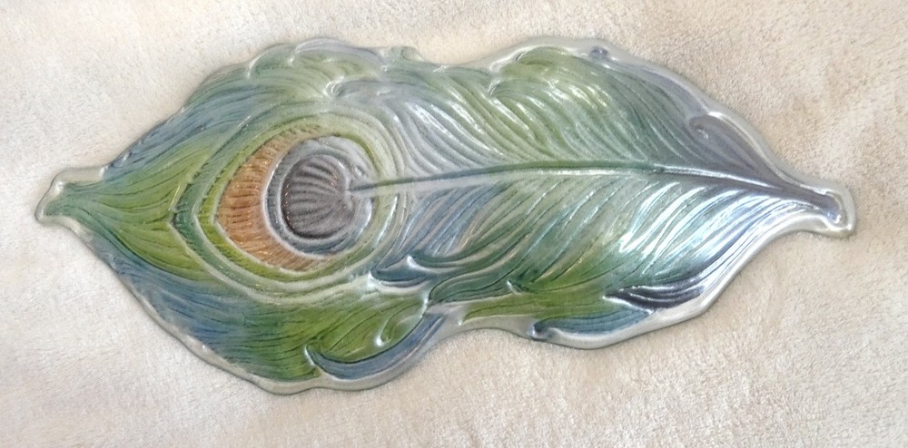 Iridescent Fused Glass Peacock Feather Rectangular Dish