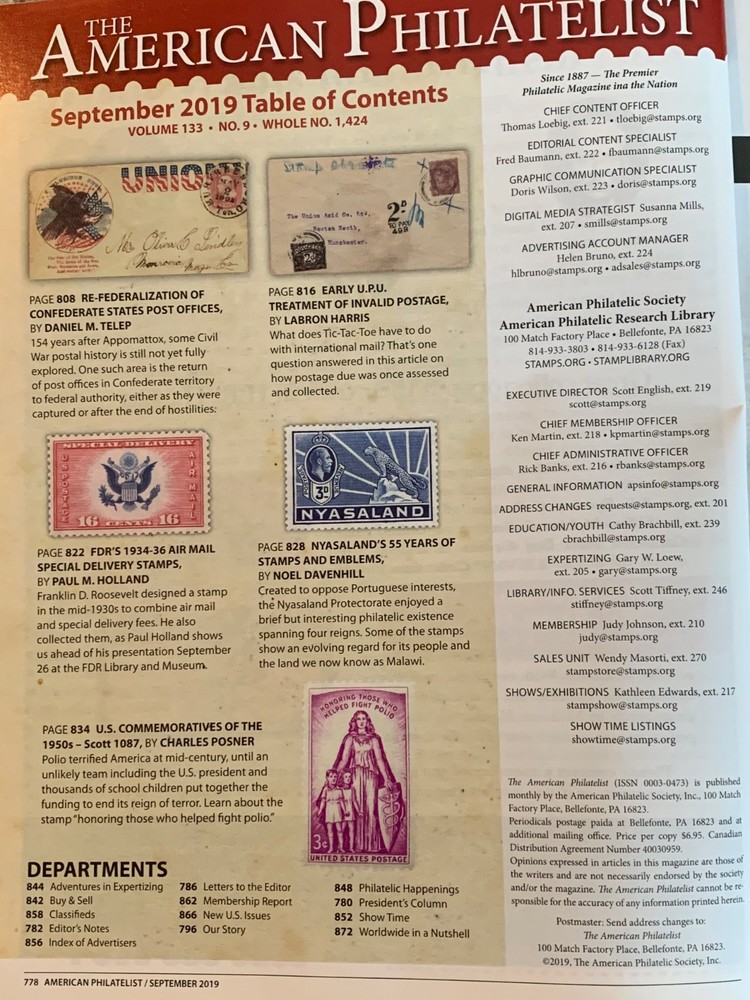 American Philatelist Magazine 2019, September