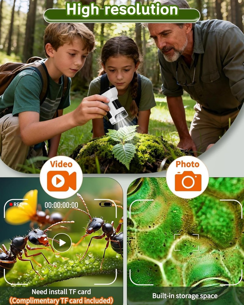 1000X Handheld Microscope for Kids, 2.0" Screen Pocket Microscope, Adjustable LE