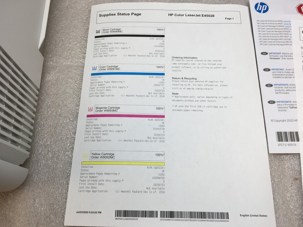 HP Color LaserJet Managed E45028dn Duplex Printer ONLY 3 pages TESTED