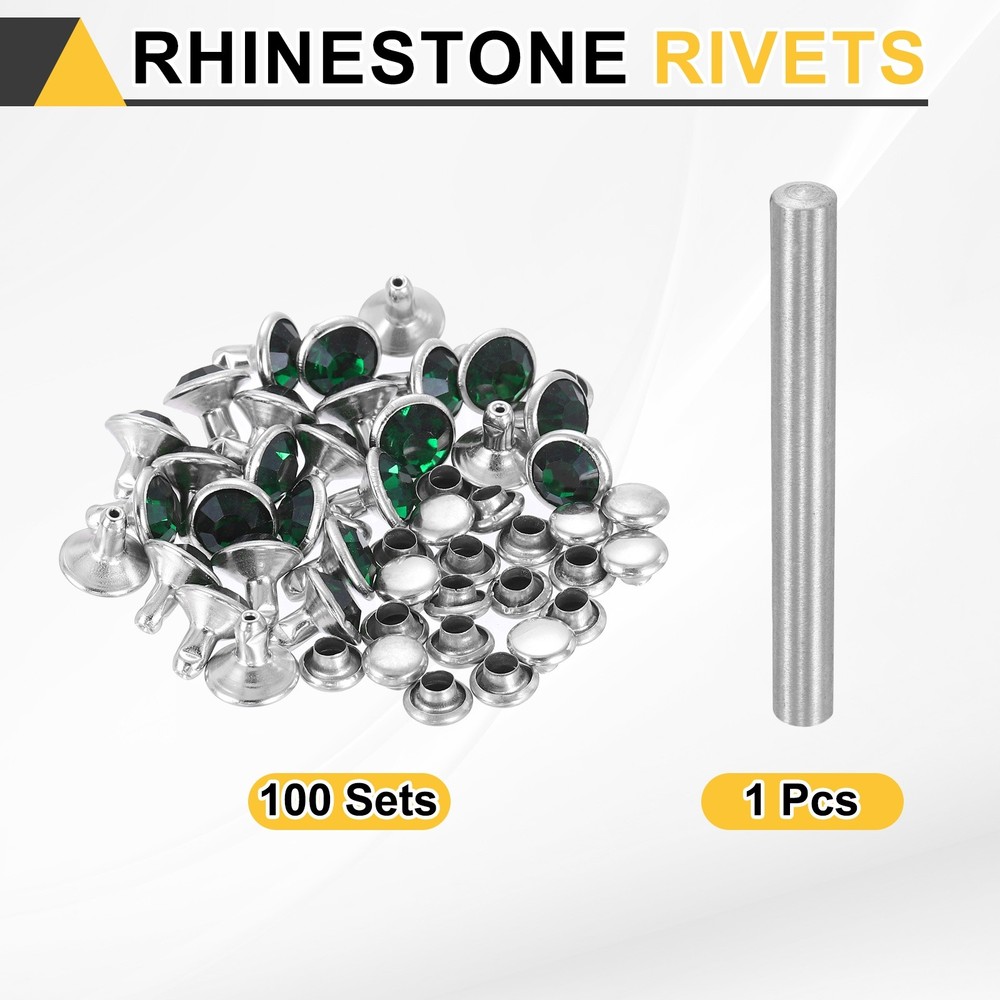 100pcs Crystal Rivets 8mm Rhinestone Stud with Installation Tool, Silver Green