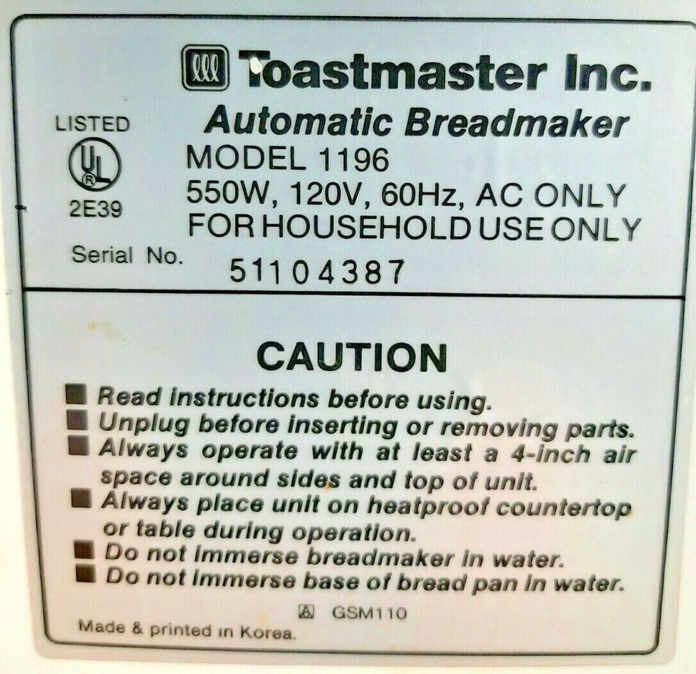 Choose Part for Toastmaster Bread Box Maker Machine Model 1196