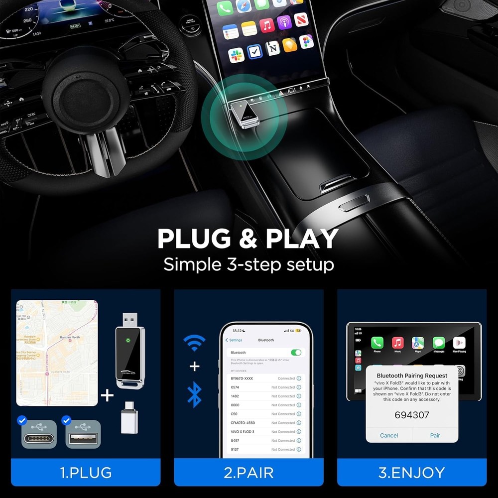 Wireless CarPlay Adapter Upgraded, Plug and Play, No Latency, Bluetooth & Wifi.