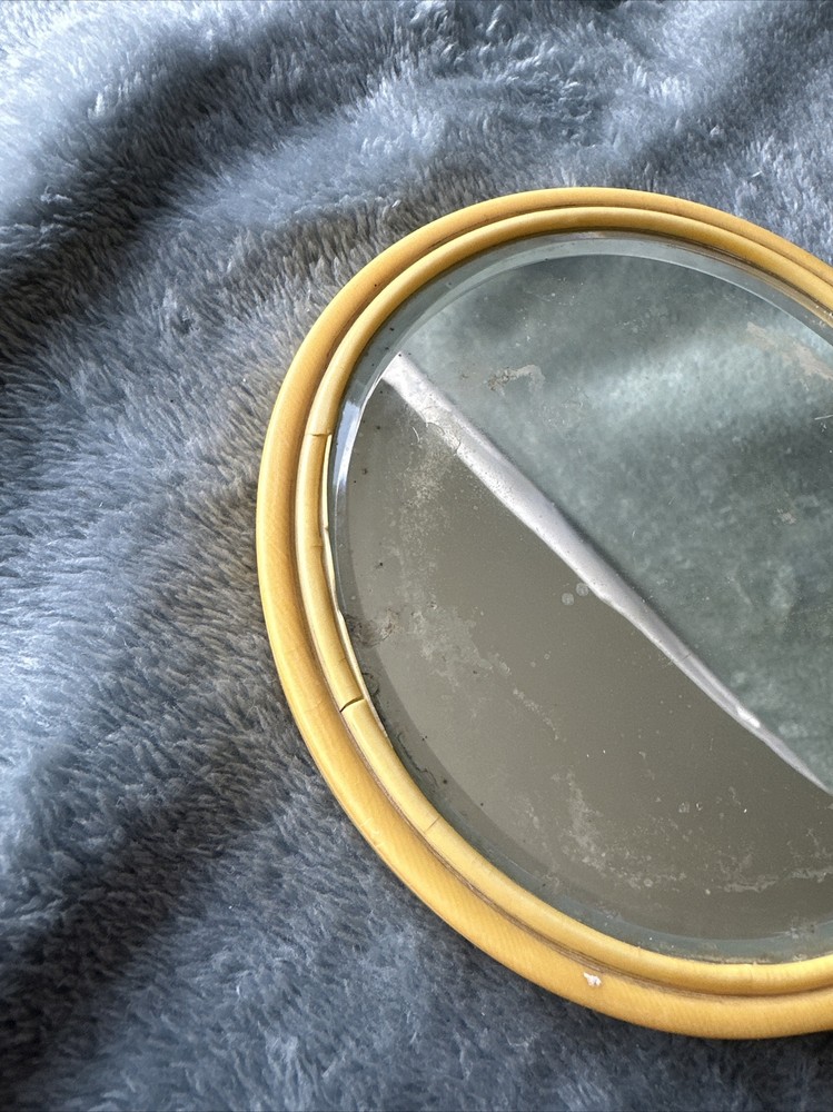 Bakelite Hand Held Round Mirror Yellow Celluloid Plastic Vintage