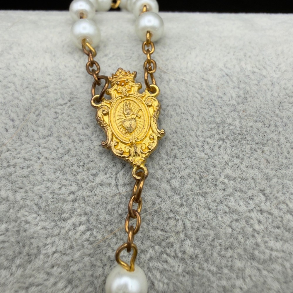 Vintage Catholic Rosary With Gold-Tone Cross & White Beads READ