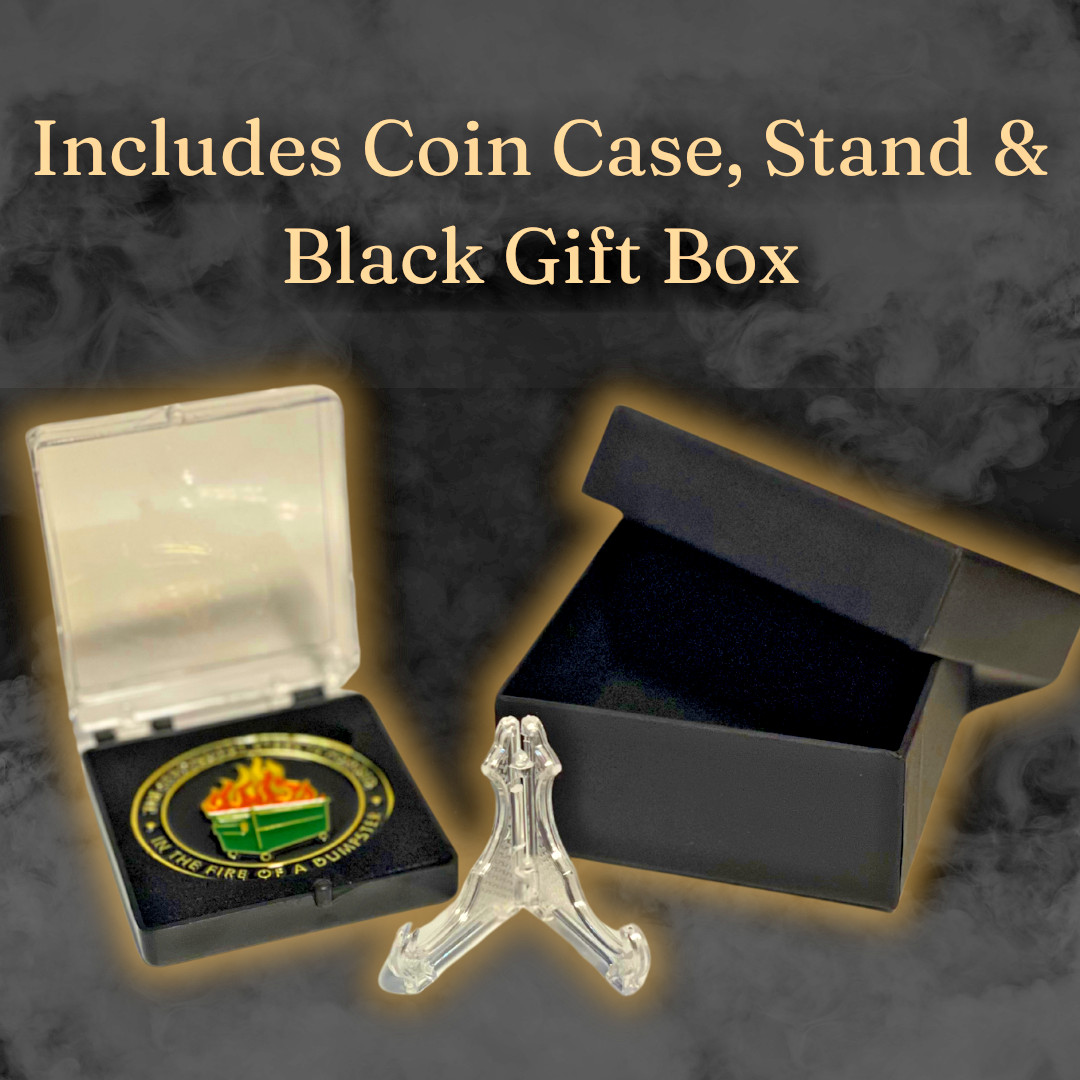 Dumpster fire coin - Fire Challenge Coin - Two Sided Color Dumpster Coin W/Stand