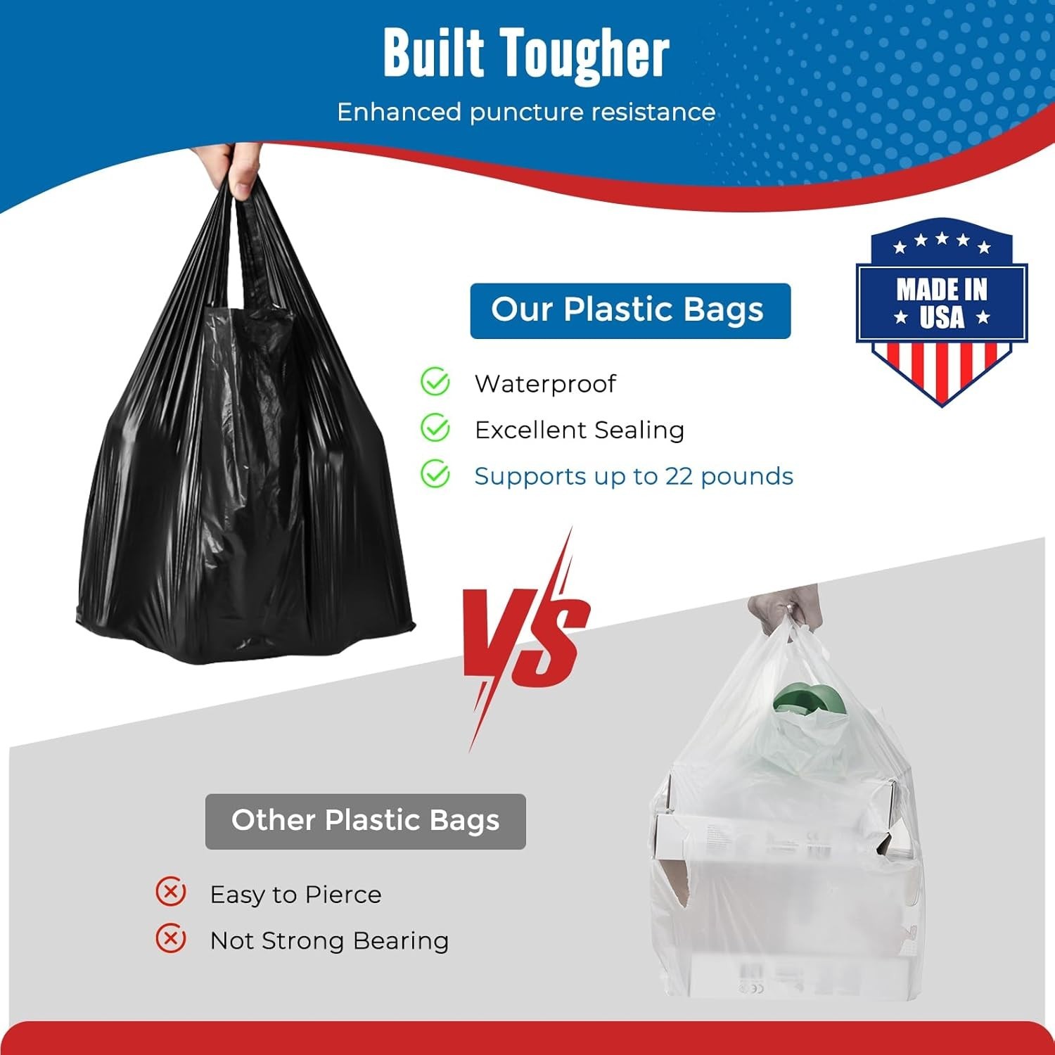 1000 Black T-Shirt Bags 1/6 12" x 6.5" x 21", Plastic Grocery Shopping Bags