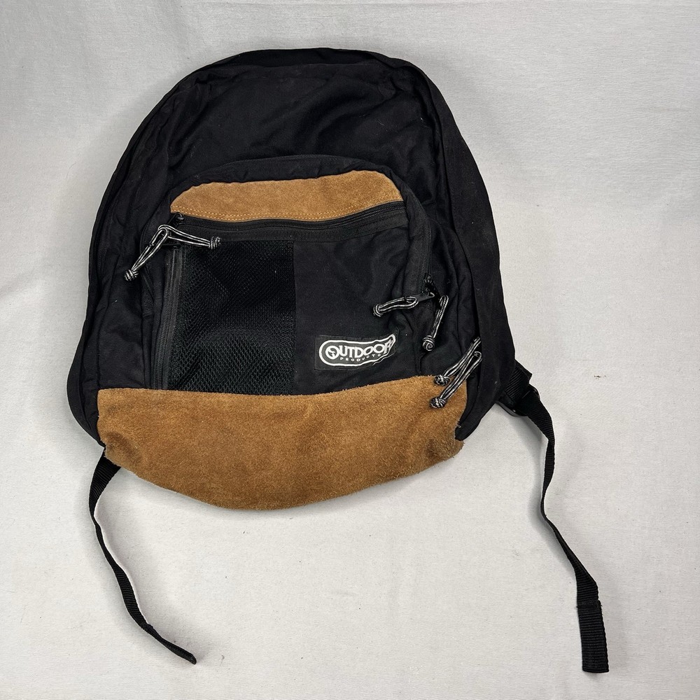 Outdoor Products Backpack Black W/ Tan Suede Leather Bottom Multi Pockets