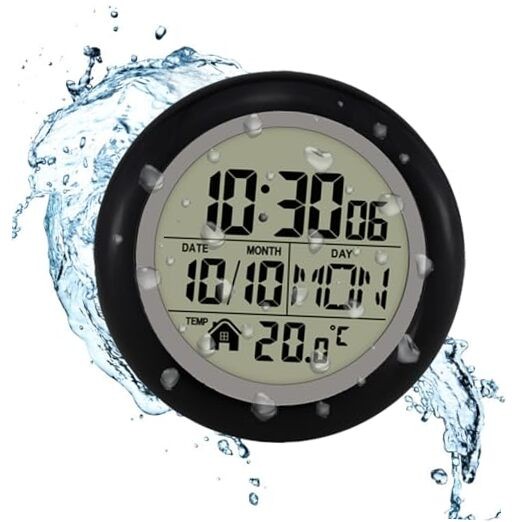 Waterproof Bathroom Clock, Shower Wall Clock, Bathroom Digital Wall Black