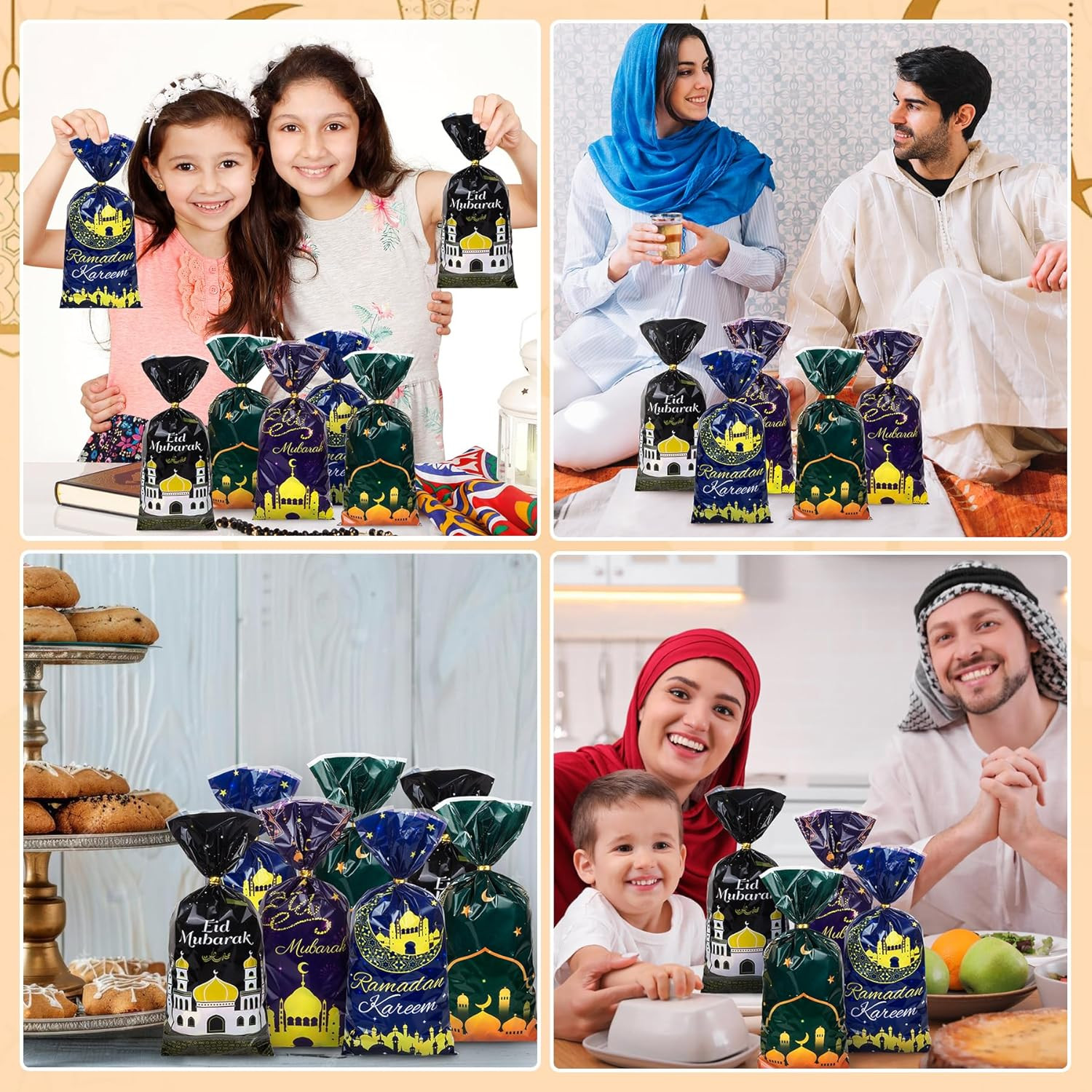 Eid Mubarak Cellophane Treat Bags, 100Pcs Ramadan Plastic Clear Goodie Bags with