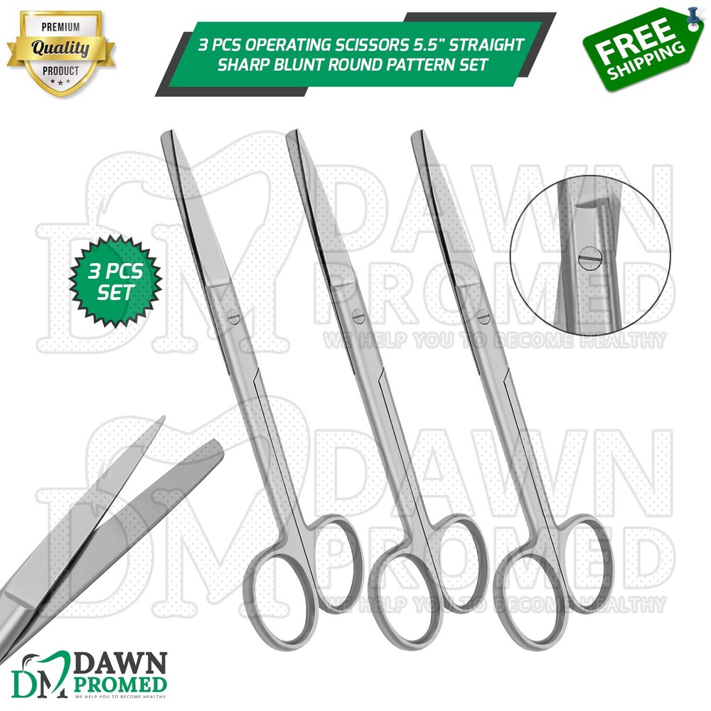 3 Pcs Operating Scissors 5.5" Straight Sharp Blunt Round Pattern Surgical Set