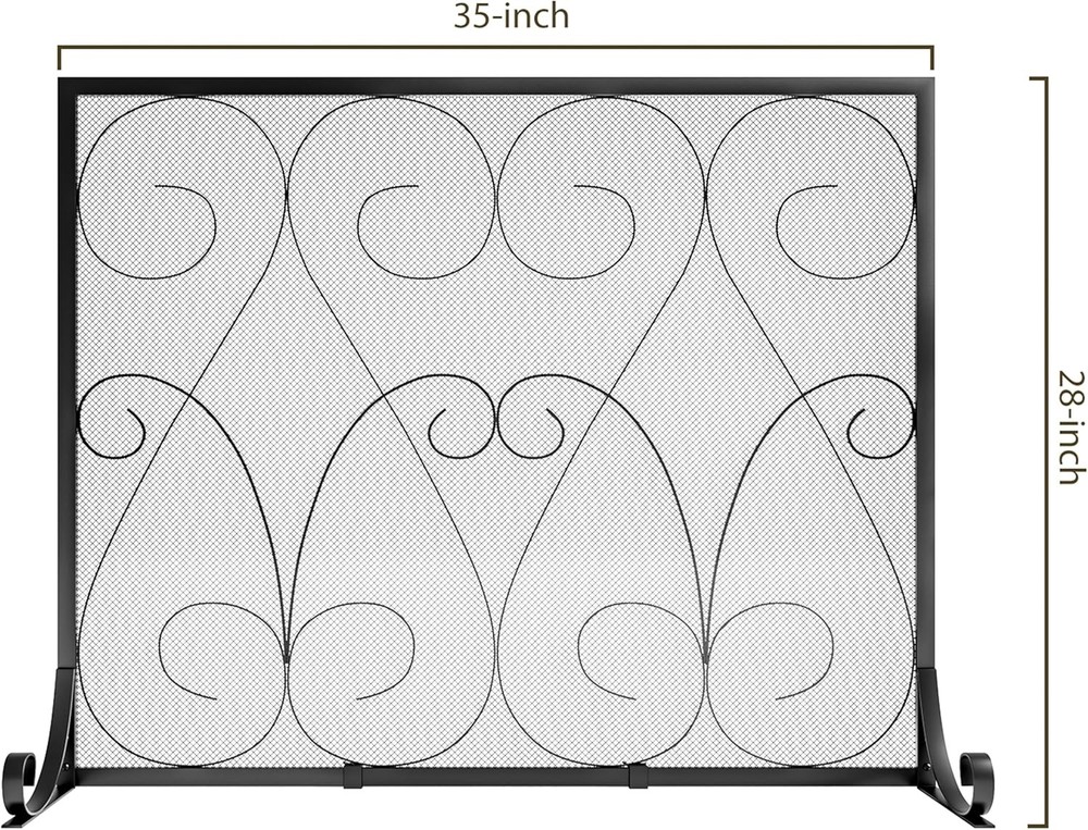 Single Panel Handcrafted Wrought Iron Symmetric Scroll Flat Fireplace Screen wit