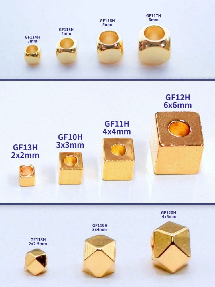 18K Gold Filled Spacer Square Cube Hexagonal Beads,Plain Various Sizes.