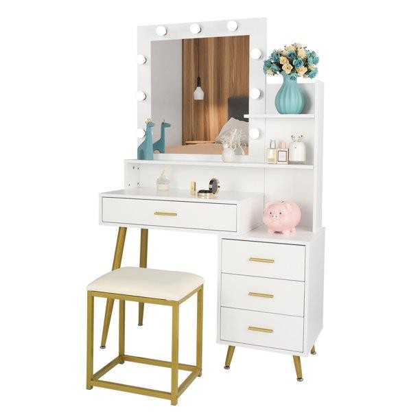 Vanity Table Set with LED Lighted Mirror Makeup Table 4 Drawers Dressing Desk