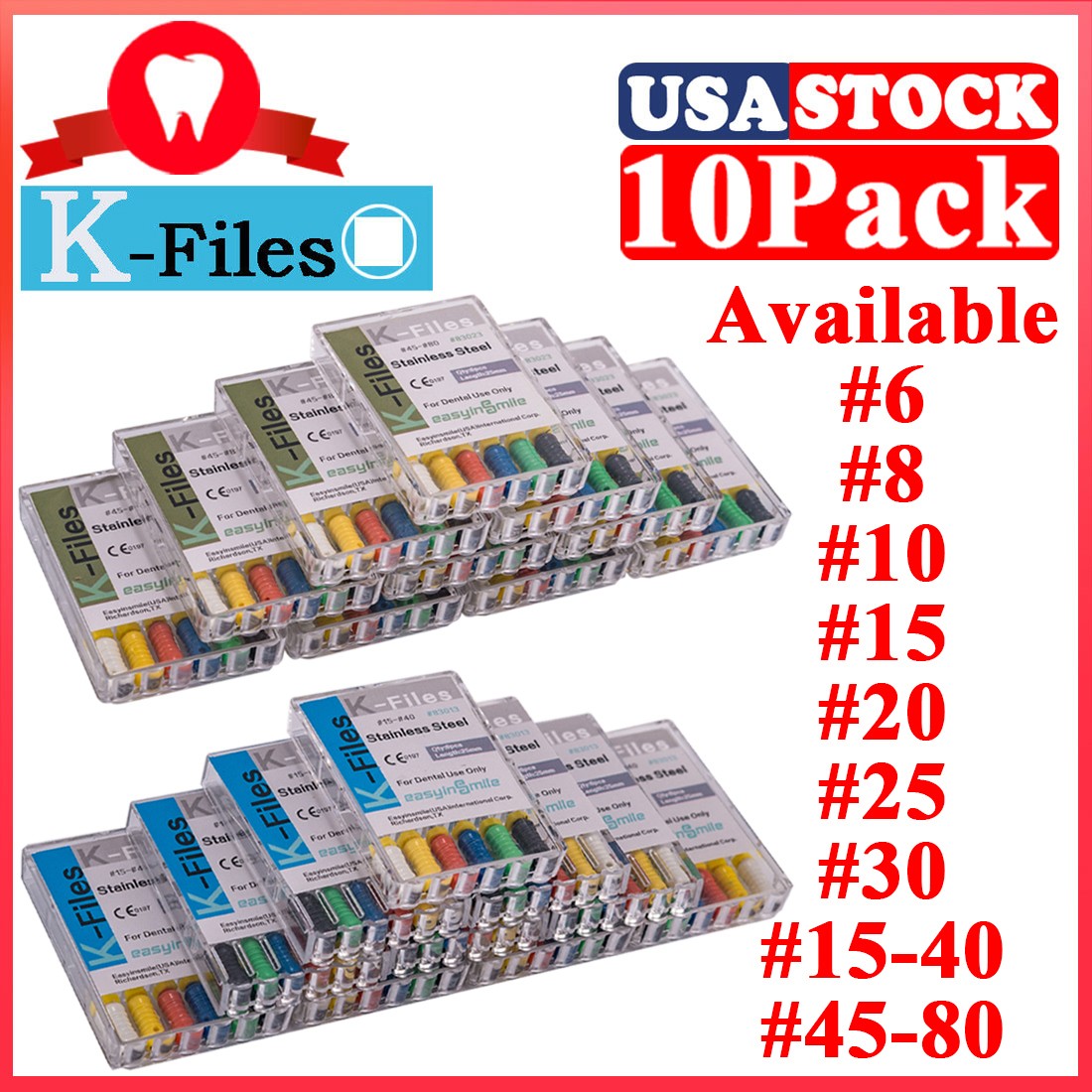 10Pks Easyinsmile Dental Endodontic K File Hand Use Root Canal File #15-40/45-80
