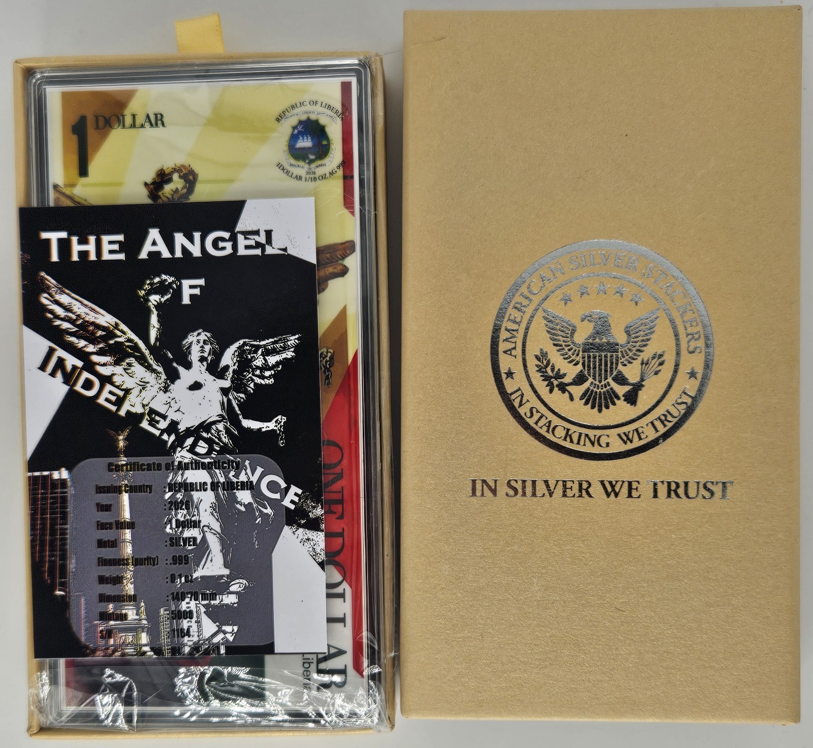 1/10 Oz Silver Note .999 1$ Liberia 2026 The Angel Of Independence In Case & box